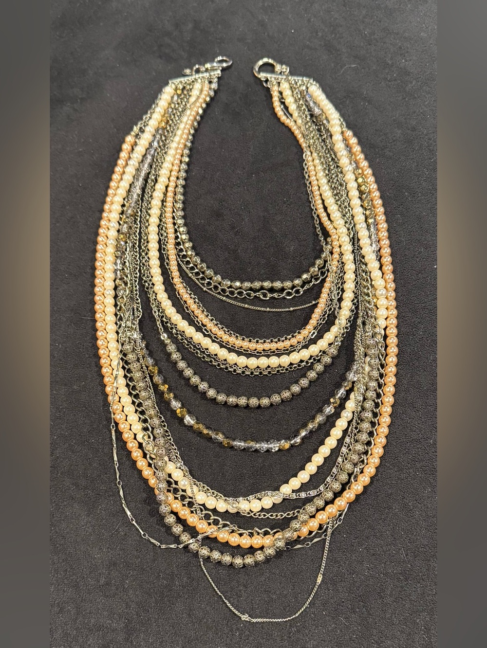 Sorrelli Multi Strand Pearl Chain Crystal Statement Necklace Mixed Metal